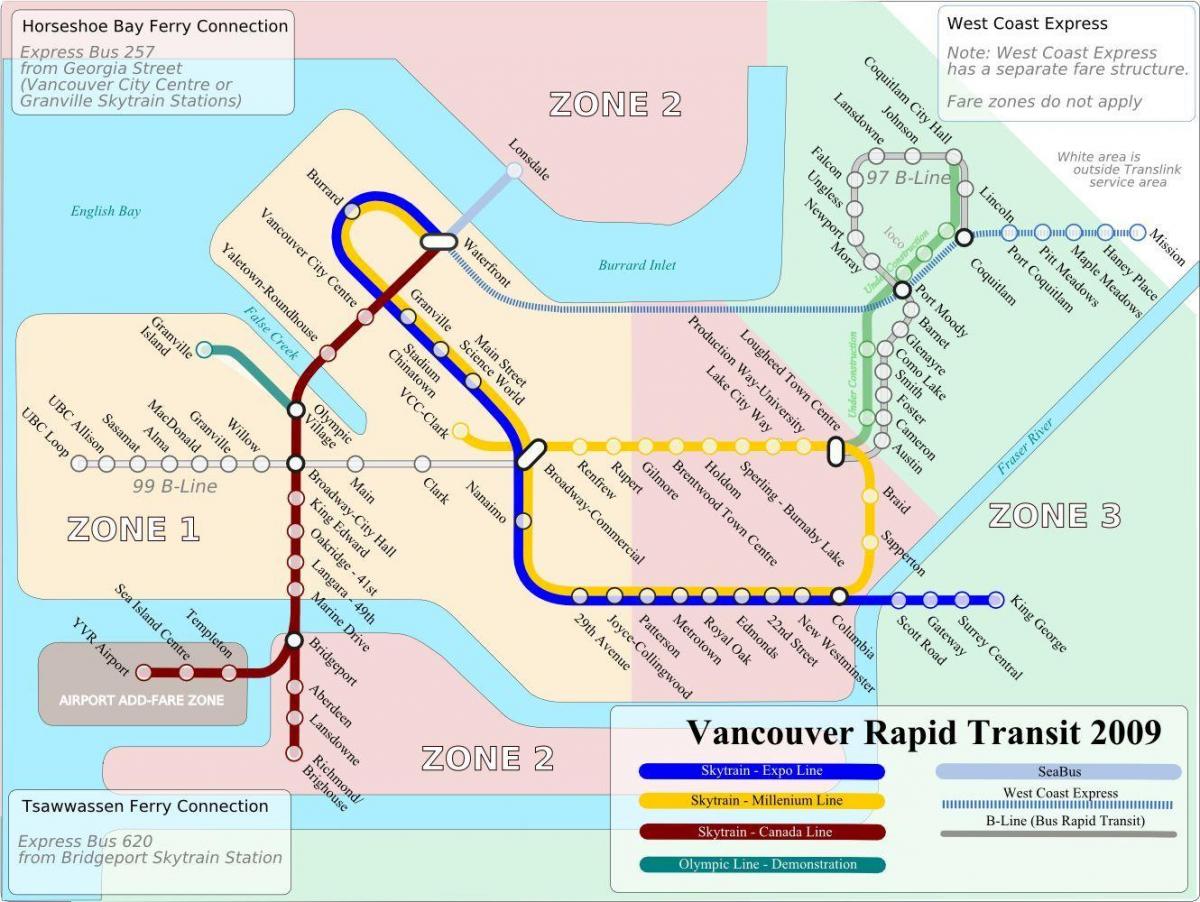 公共交通機関のバンクーバーの地図