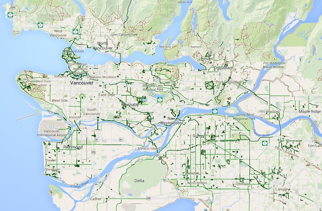 地図のメトロバンクーバーのサイクリング