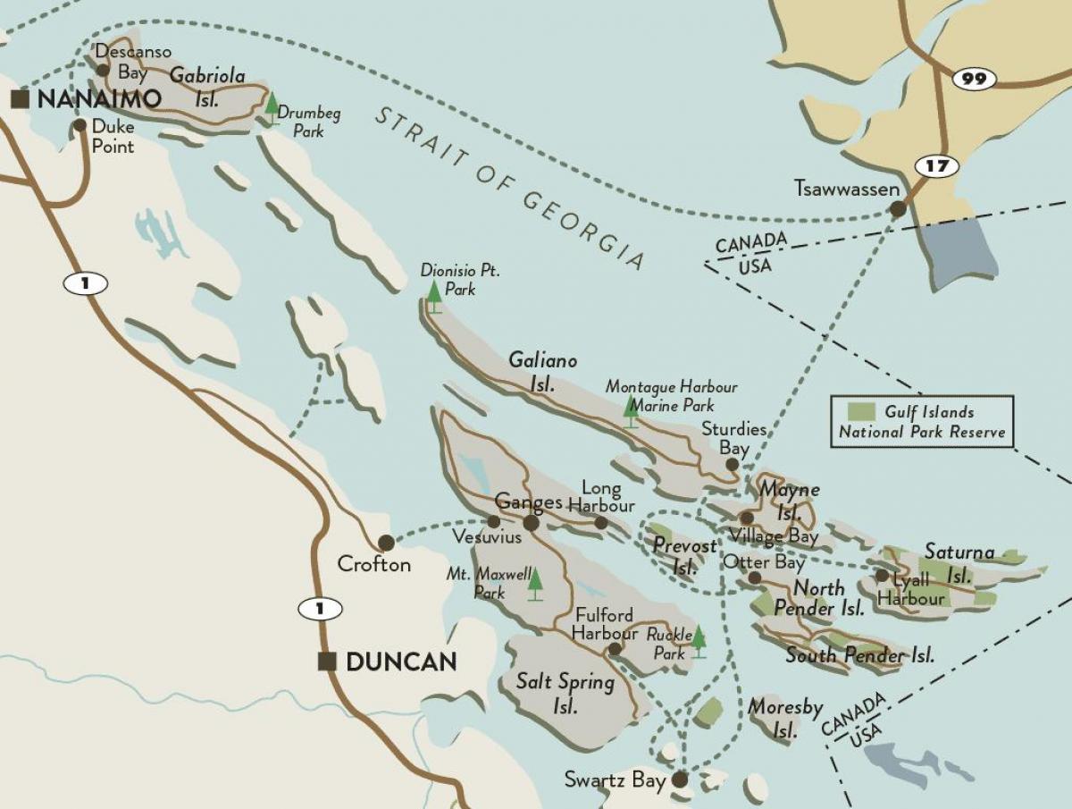 地図のバンクーバー島湾岸諸島