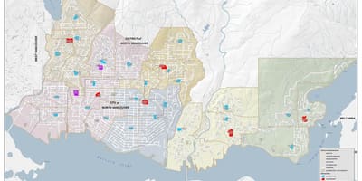 地図のノースバンクーバーの学校の校区